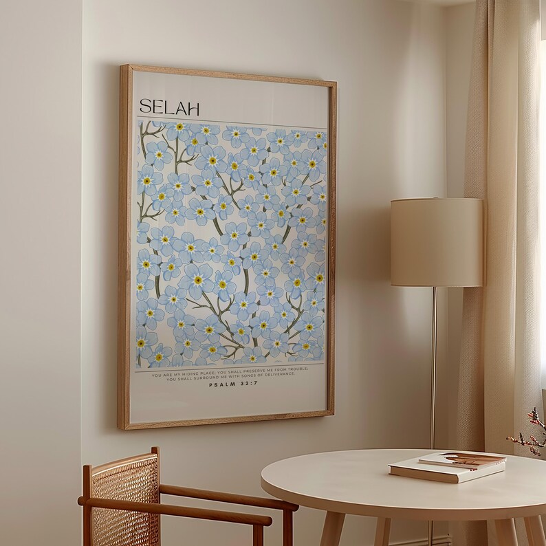 Selah Christian Wall Art Blue, Psalm 327, Light Blue Floral Scripture