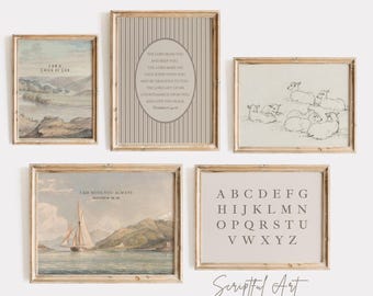 Christian Boys Nursery Decor Neutral Vintage Gallery Set of 5, Kids Bible Prints The Lords Blessing, Modern Playroom Art Digital Download