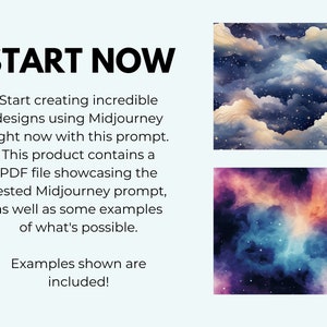 May include: Two digital art images showcasing the possibilities of Midjourney. The first image is a dark blue sky with white clouds and stars. The second image is a nebula with shades of blue, purple, and orange.