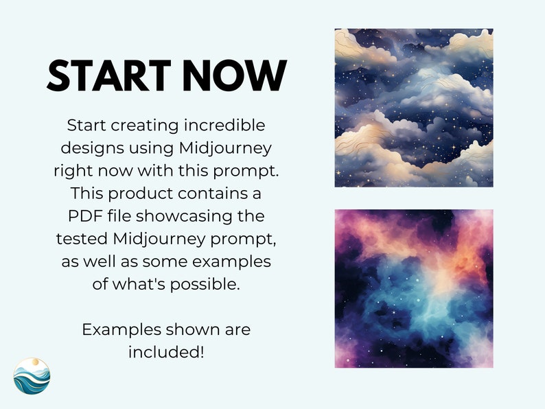 May include: Two digital art images showcasing the possibilities of Midjourney. The first image is a dark blue sky with white clouds and stars. The second image is a nebula with shades of blue, purple, and orange.