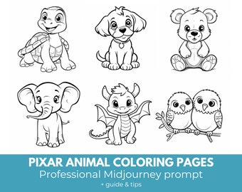 Pixar Coloring Pages Midjourney Prompt, High Quality Midjourney Guide for coloring books adults and children, for ebook, Pixar style animals