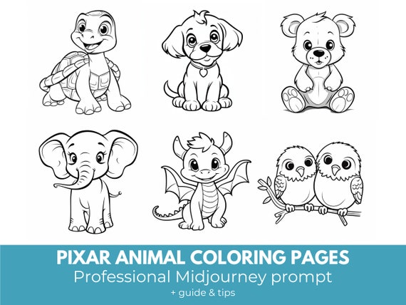 Pixar Coloring Pages Midjourney Prompt, High Quality Midjourney Guide for coloring books adults and children, for ebook, Pixar style animals