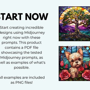 May include: A digital download of Midjourney prompts for creating stained glass style images. The image shows two examples: a tree with a sunset background and a dog with roses.