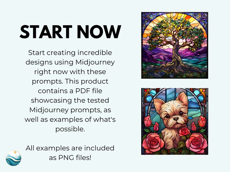 May include: A digital download of Midjourney prompts for creating stained glass style images. The image shows two examples: a tree with a sunset background and a dog with roses.
