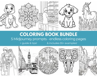 Coloring Pages Midjourney Prompts, High Quality Midjourney Guide for coloring books adults and children, for ebook, prompt template