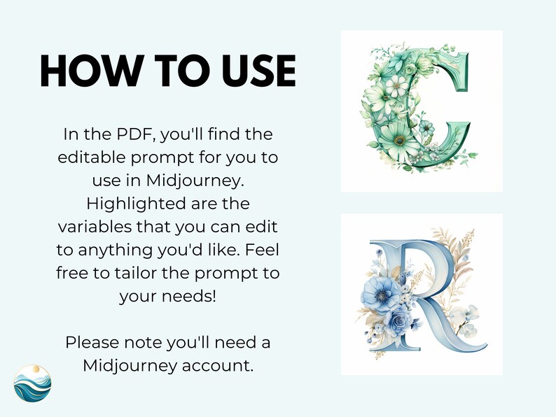 May include: How to use Midjourney with an editable prompt. The image shows two letters, a green "C" and a blue "R", both decorated with flowers.