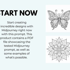 May include: A digital download of a Midjourney prompt for creating intricate designs. The image shows two examples: a black and white butterfly and a mandala.