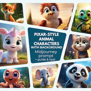 Podpowiedź Midjourney dotycząca scen z postaciami zwierząt w stylu Pixara, przewodnik Midjourney dotyczący uroczych projektów postaci z postaciami zwierząt z kreskówek Pixara, wydruków do pokoju dziecięcego