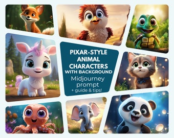 Midjourney Prompt for Pixar style Animal Character scenes, Midjourney Guide for cute Pixar cartoon animal character designs, nursery prints