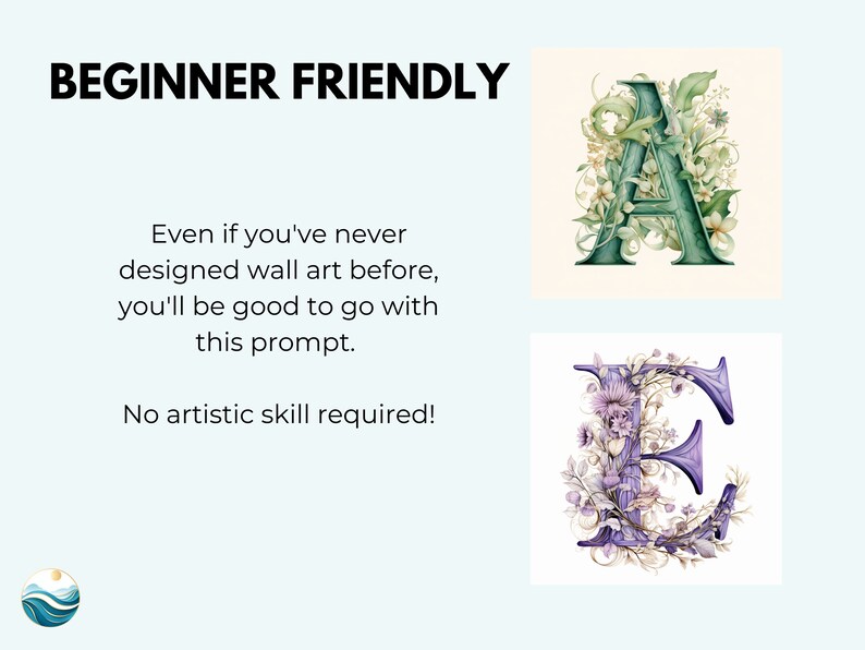 May include: Beginner friendly wall art design prompt. Two images of floral letters, one green "A" and one purple "E".