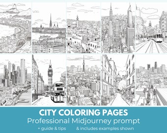 City coloring pages Midjourney prompt | High Quality Midjourney Guide, prompt template | Coloring books adults and children, ebook