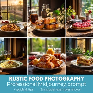 Food Fotografie Midjourney Prompt, für professionelle Rustikale Gourmet Food Fotografie, Kochbuch Fotos, Rezept E-Book Fotos, Food Blogger