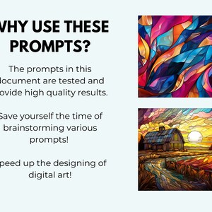 May include: Two digital art images in a stained glass style. The first image is abstract with swirling shapes in shades of blue, red, orange, and purple. The second image is a landscape with a farmhouse, a river, and a sunset in shades of yellow, orange, and blue.