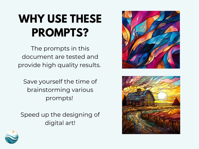 May include: Two digital art images in a stained glass style. The first image is abstract with swirling shapes in shades of blue, red, orange, and purple. The second image is a landscape with a farmhouse, a river, and a sunset in shades of yellow, orange, and blue.