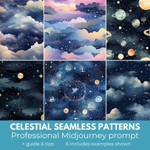 May include: Six seamless patterns featuring celestial elements, including clouds, stars, planets, and constellations. The patterns are in shades of blue, gold, and pink.