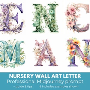 May include: A set of six watercolor-style letters, E, N, C, M, A, and N, each decorated with floral designs in shades of purple, green, and pink. The letters are arranged in two rows, with the top row spelling "ENC" and the bottom row spelling "MAN". The letters are designed for use as nursery wall art.