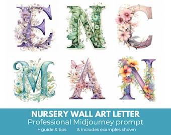 Midjourney prompt for Nursery wall art, nursery digital art, letter wall art. Midjourney guide, prompt template