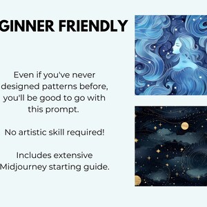 May include: A beginner-friendly guide to creating patterns using Midjourney. The image shows two examples of patterns: a blue and white pattern with a woman's face and a dark blue and gold pattern with stars and clouds.
