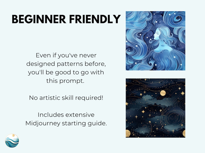 May include: A beginner-friendly guide to creating patterns using Midjourney. The image shows two examples of patterns: a blue and white pattern with a woman's face and a dark blue and gold pattern with stars and clouds.