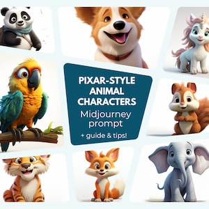 Könnte beinhalten: Eine Sammlung von Comic-Tierfiguren im Pixar-Stil. Die Figuren umfassen einen Panda, einen Corgi, ein Einhorn, ein Eichhörnchen, einen Papagei, einen Tiger, einen Fuchs und einen Elefanten. Der Text "PIXAR-STYLE ANIMAL CHARACTERS Midjourney prompt + guide & tips!" wird in der Mitte des Bildes angezeigt.
