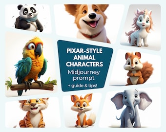 Pixar Animal Characters Midjourney Prompt, Midjourney Guide for cute Pixar style cartoon animal character designs, nursery prints