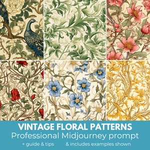 May include: Six different vintage floral patterns, each with a unique design. The patterns feature peacocks, roses, and other flowers in a variety of colors, including red, blue, green, and yellow.