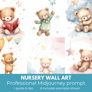Nursery wall art Midjourney prompt | Nursery digital art, teddy bear wall art | High quality Midjourney guide, prompt template