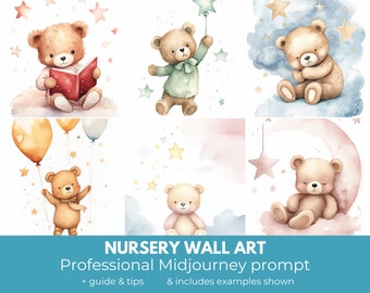 Nursery wall art Midjourney prompt | Nursery digital art, teddy bear wall art | High quality Midjourney guide, prompt template