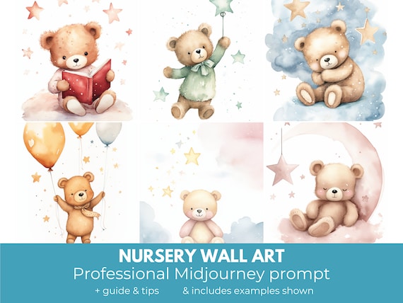 Nursery wall art Midjourney prompt | Nursery digital art, teddy bear wall art | High quality Midjourney guide, prompt template