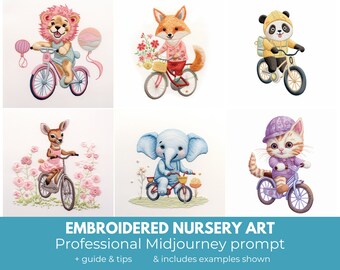 Midjourney prompt for Nursery wall art, nursery digital art, cross-stitch wall art. Midjourney guide, prompt template