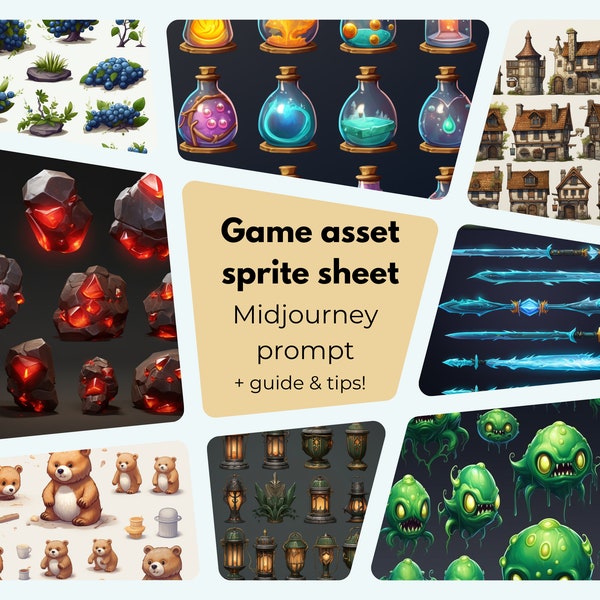 Midjourney Prompt for AI generated Game Art Sprite Sheet, High Quality Prompt, Midjourney Guide, Game Assets Midjourney Prompts