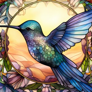 May include: A stained glass style illustration of a hummingbird with iridescent blue, green, and purple feathers. The hummingbird is flying with its wings spread out. The background is a circular stained glass design with flowers and leaves in shades of purple, orange, and green.