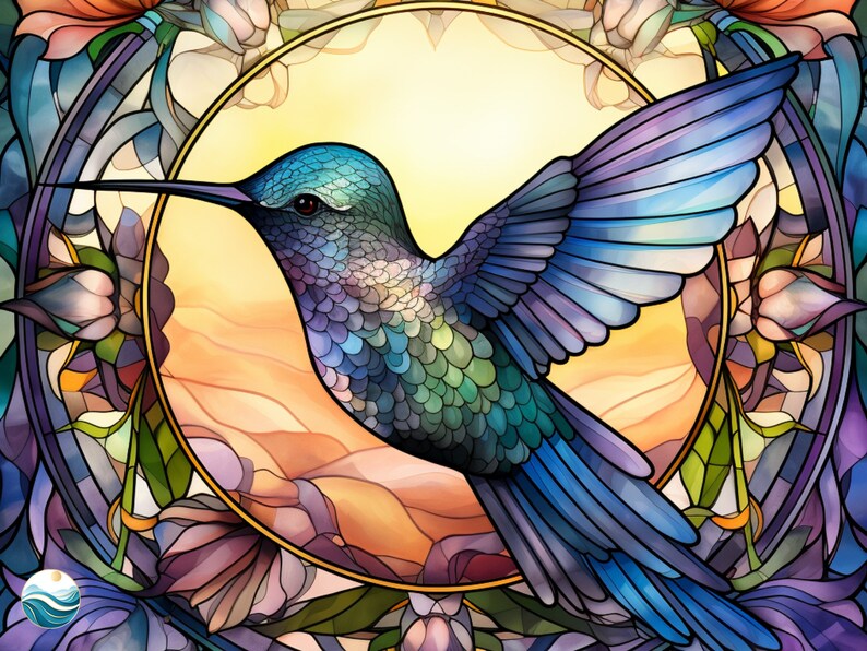 May include: A stained glass style illustration of a hummingbird with iridescent blue, green, and purple feathers. The hummingbird is flying with its wings spread out. The background is a circular stained glass design with flowers and leaves in shades of purple, orange, and green.