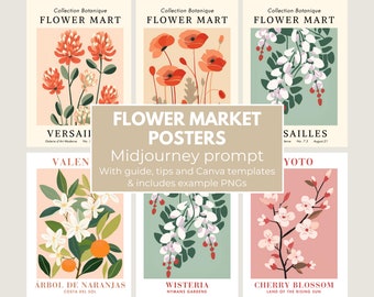 Flower Market Posters Midjourney Prompt | Professional Midjourney Guide for boho flower market wall art | High Quality prompt template