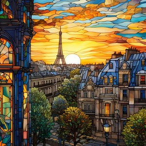 May include: A stained glass style illustration of a Parisian cityscape at sunset. The Eiffel Tower is in the background, with buildings and trees in the foreground. The sky is a vibrant orange and blue.