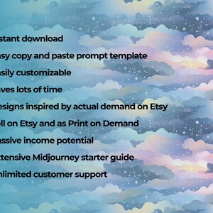May include: A checklist of benefits for buying Midjourney prompts, including instant download, easy copy and paste, customisation, time savings, designs inspired by Etsy trends, selling on Etsy and Print on Demand, passive income potential, an extensive starter guide, and unlimited customer support.