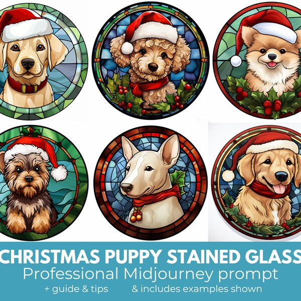 Christmas Ornament Midjourney Prompt | Professional Midjourney Guide for stained glass puppy Christmas ornaments | Prompt template