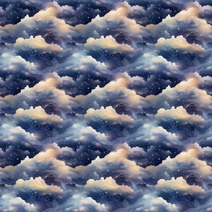 May include: A seamless pattern featuring a repeating design of fluffy white clouds against a dark blue night sky with twinkling gold stars.