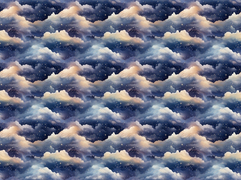 May include: A seamless pattern featuring a repeating design of fluffy white clouds against a dark blue night sky with twinkling gold stars.