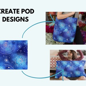 May include: A tote bag and a cushion featuring a blue and white celestial pattern. The pattern includes stars, constellations, and geometric shapes. The design evokes a night sky.