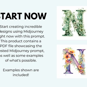 May include: Two images of the letter N decorated with flowers. The first image is a green N with green leaves and white flowers. The second image is a purple N with pink, orange, and yellow flowers.