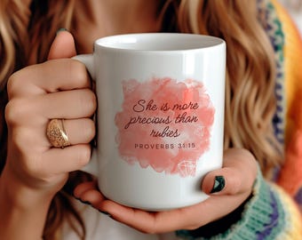 She Is More Precious Than Rubies Psalms Ceramic Mug, Proverbs 31 Woman, Proverbs 31:15 Christian Mug For Women and Girls, Red Watercolor Mug