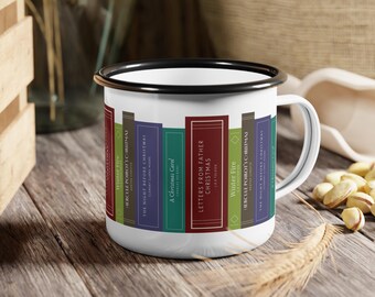 Taza de camping esmaltada con diseño de libros navideños / Regalo para amantes de los libros