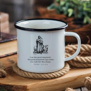 The Good Shepherd John 10:11 Jesus Lightweight Enamel Mug, Sturdy Mug, Jesus Mug Gifts For Pastor, Friends, Mom, or Dad, Easter Basket Gift