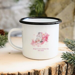 Watercolor Enamel Mug for Inspiration and Positivity, Hope Butterfly Mug, Pink Mug, Positive Affirmations For Women Enamel Camping Mug
