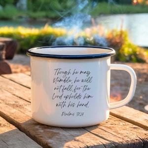 Psalms 37:24 Enamel Mug - Christian Encouragement Mug Featuring Bible Verse, Inspirational Gift for Faith and Trust in God&#39;s Plan