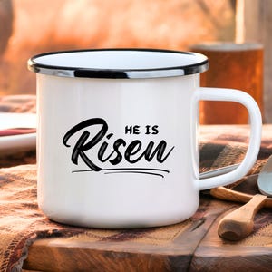 He is Risen Camp Coffee Mug, Christian Enamel Camp Cup, Bible Verse Camping Mug, Religious Camping Cup, Faith Enamel Mug, Inspirational