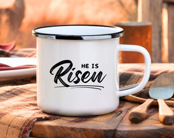 He is Risen Enamel Camp Mug, Christian Camping Cup