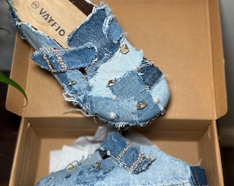 Handmade Denim Patch Slides: Pearl & Rhinestone Embellished Clogs
