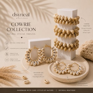 Puede incluir: Una colección de accesorios para el cabello y joyas con conchas de cauri naturales. El conjunto incluye tres coleteros apilados, un par de pendientes de aro de tamaño grande y un par de aros pequeños, todos con detalles de hilo dorado.